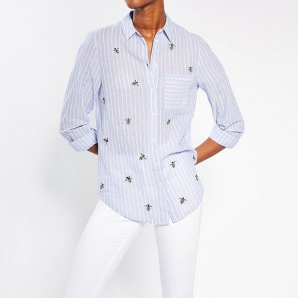 Topshop Tops - Topshop Striped Embroidered Bee Button-Down Shirt